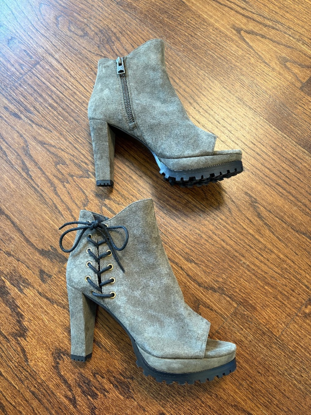 All Saints grey and black suede heels